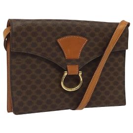 Céline Bolsa de ombro em lona Macadam CELINE em couro PVC marrom dourado Auth BD908 Marrom Dourado