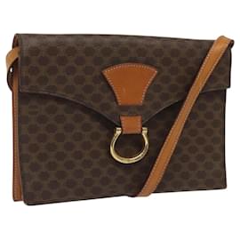 Céline-CELINE Macadam Canvas Shoulder Bag PVC Leather Brown Gold Auth BD908-Brown,Golden