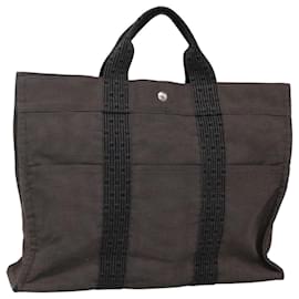 Hermès-HERMES Sac Tote MM Her Line Toile Gris Argent Auth bs23512-Marron,Argenté