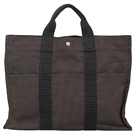 Hermès-HERMES Sac Tote MM Her Line Toile Gris Argent Auth bs23512-Marron,Argenté
