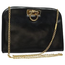 Borsa a spalla in pelle nera e oro Gancini Chain di Salvatore Ferragamo Auth BD726 Nero D'oro