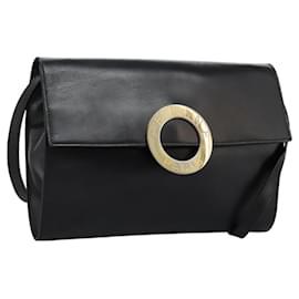 Céline-CELINE Circle Shoulder Bag Leather Black Gold Auth BD909-Black,Golden