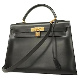 Hermès-Sac à main Hermes Kelly 32 en cuir de veau noir-Noir