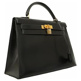 Hermès-Sac à main Hermes Kelly 32 en cuir de veau noir-Noir