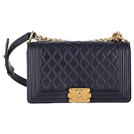 Chanel- Chanel Medium Old Boy Shoulder Bag in Navy Blue Calfskin Leather-Blue,Navy blue
