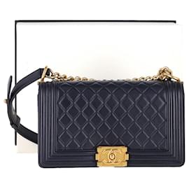 Chanel- Chanel Medium Old Boy Shoulder Bag in Navy Blue Calfskin Leather-Blue,Navy blue