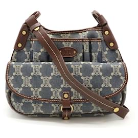 Céline-Celine Denim Leather Studded Shoulder Bag-Blue