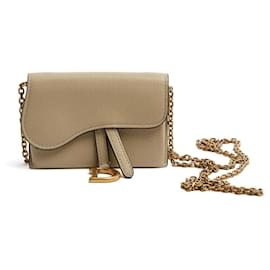 Dior-Christian Dior 2023 Saddle Mini Pochette Beige Leather Wallet on Chain or Bag on Belt-Beige