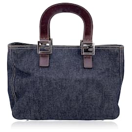Fendi-Blue Denim and Brown Leather Tote Bag Handbag-Blue