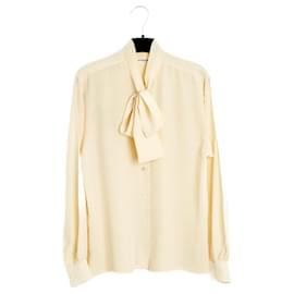 Yves Saint Laurent-Yves Saint Laurent Rive Gauche YSL 1985s Top FR38 Ecru Silk Ascot Blouse UK10 US8-Cream