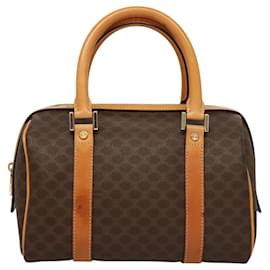 Céline-CELINE Macadam Canvas Hand Bag PVC Leather Brown Gold Auth sw200-Brown,Golden