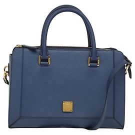 Sac à main MCM en cuir Safiano 2 voies bleu or Auth BA863 Bleu Doré
