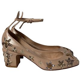 Valentino Garavani Valentino Tango Star-Studded Ankle-Strap Block Heel Pumps in Beige Leather Beige