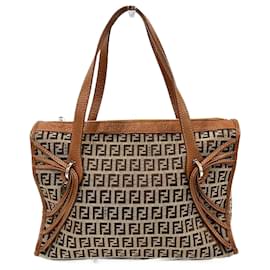Fendi-Fendi Zucchino Canvas Leather Handbag 8BL070-Brown