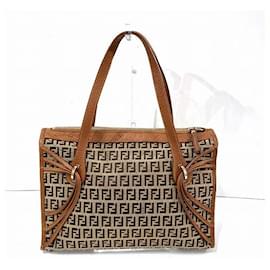 Fendi-Fendi Zucchino Canvas Leather Handbag 8BL070-Brown