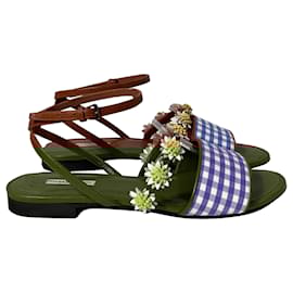 Autre Marque-Fabrizio Viti Bea Floral-Appliqué Gingham Sandals in Blue Leather-Blue