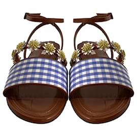 Autre Marque-Fabrizio Viti Bea Floral-Appliqué Gingham Sandals in Blue Leather-Blue