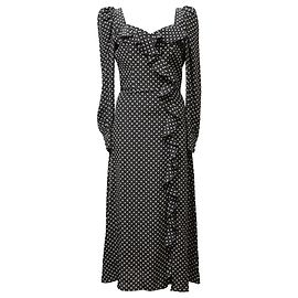Vestido midi de bolinhas com babados em seda preta da Alessandra Rich Preto
