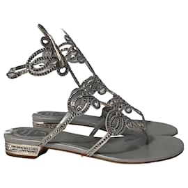 Rene Caovilla-René Caovilla Crystal-Embellished Sandals in Silver Leather-Silvery,Metallic