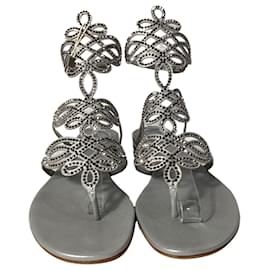 Rene Caovilla-René Caovilla Crystal-Embellished Sandals in Silver Leather-Silvery,Metallic