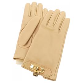 Hermès-Hermes Beige Leather Warm Gloves-Beige