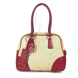 Sac à plaque logo triangle bicolore Prada Rouge Beige