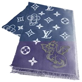 Louis Vuitton-Louis Vuitton Vivienne Dragonne Fringe Scarf-Red,Navy blue