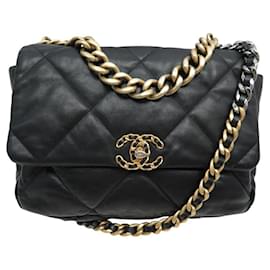 Chanel-SAC A MAIN CHANEL GRAND 19 AS1161 EN CUIR NOIR BANDOULIERE HAND BAG PURSE-Noir