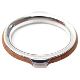 Hermès-NEUF ANNEAU DE FOULARD HERMES KYOTO GM METAL ARGENTE CUIR GOLD SCARF RING-Argenté