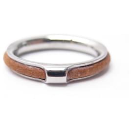 Hermès-NEUF ANNEAU DE FOULARD HERMES KYOTO GM METAL ARGENTE CUIR GOLD SCARF RING-Argenté