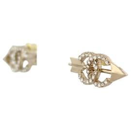 Chanel-NINE CHANEL HOOPS WITH ARROWS AND CC LOGO RHINESTONES GOLD METAL EARRINGS-Golden