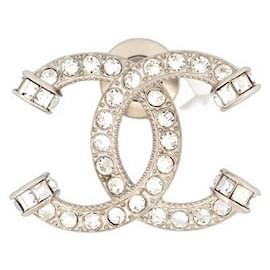 Chanel-NEW CHANEL CC LOGO STRASS BROOCH 2023 SILVERED METAL PIN-Silvery