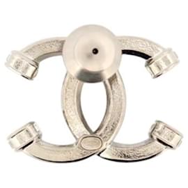 Chanel-NEW CHANEL CC LOGO STRASS BROOCH 2023 SILVERED METAL PIN-Silvery