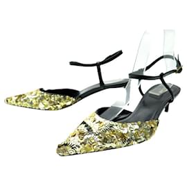 Céline-CELINE SHOES KITTEN HEEL SLINGBACK PUMPS WITH SEQUINS SIZE 38-Golden