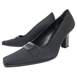 Gucci-GUCCI LOGO SHOES 2341 BLACK SATIN PUMPS SIZE 36 + DUST BAG-Black