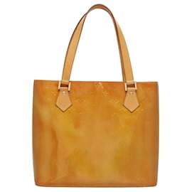 Louis Vuitton-LOUIS VUITTON Monogram Vernis Houston Bolsa de Mão Amarela M91121 LV Auth BA914-Amarelo