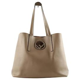 Fendi-Leather Logo Shopper Tote-Grey