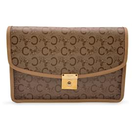 Céline-Vintage Beige C Caleche Vinyl Canvas Clutch Bag Purse-Beige