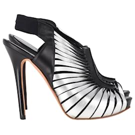 Alexander Mcqueen- Alexander Mcqueen Peep Toe Slingback Heels in Silver Leather-Silvery