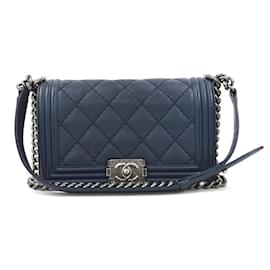Chanel-Chanel Boy Shoulder Bag in Navy Leather-Navy blue