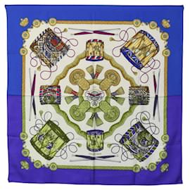 Hermès-HERMES Carre 90 Scarf ""LES TAMBOURS "" Silk Blue Auth KD222-Blue