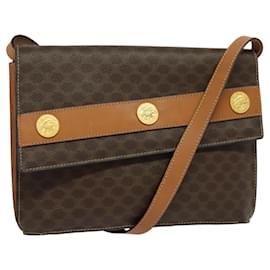 Céline-CELINE Macadam Canvas Coin Shoulder Bag PVC Leather Brown Gold Auth EC933-Brown,Golden