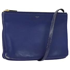 Céline-CELINE Trio Shoulder Bag Leather Blue Gold Auth EC863-Blue,Golden