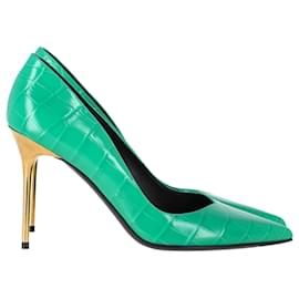 Pompes Balmain en cuir vert avec embossage crocodile Ruby Vert