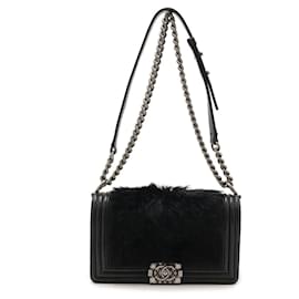 Chanel-Chanel Boy 25 Lambskin Fur Shoulder Bag-Black