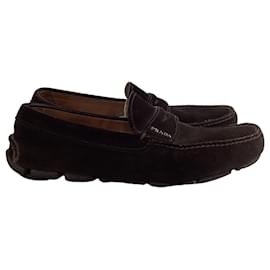 Prada- Prada Logo Penny Driver Loafers in Brown Suede-Brown,Red