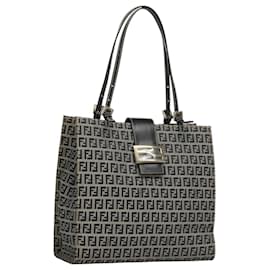 Fendi-Sac fourre-tout en toile Zucchino FENDI bleu marine argent authentique BA886-Argenté,Bleu Marine