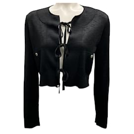 Chanel-Chanel Black Tie-Front Cropped Knit Cardigan Sweater-Black