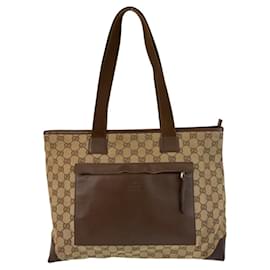 Gucci-Gucci Brown Beige GG Canvas Leather Tote Bag-Brown