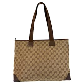 Gucci-Gucci Brown Beige GG Canvas Leather Tote Bag-Brown